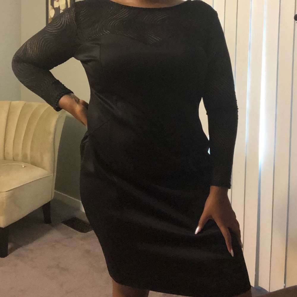 Black dress with mesh sleeve @ collar. Size 22